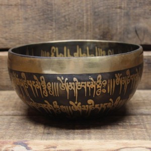 Tibetische gegossene KLANGSCHALE - Om Mani Padme Hum - Schwarz Gold 14cm